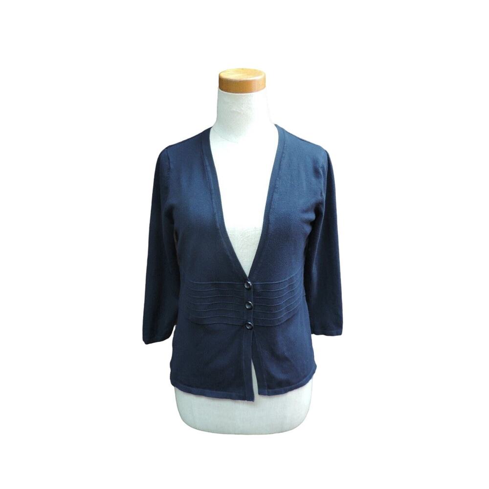 Linda Matthews women's size Medium navy blue 3 button cardigan sweater